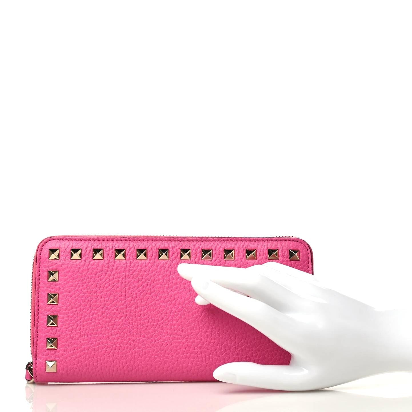 Pebbled Calfskin Rockstud Zip Around Wallet Pink Orchid