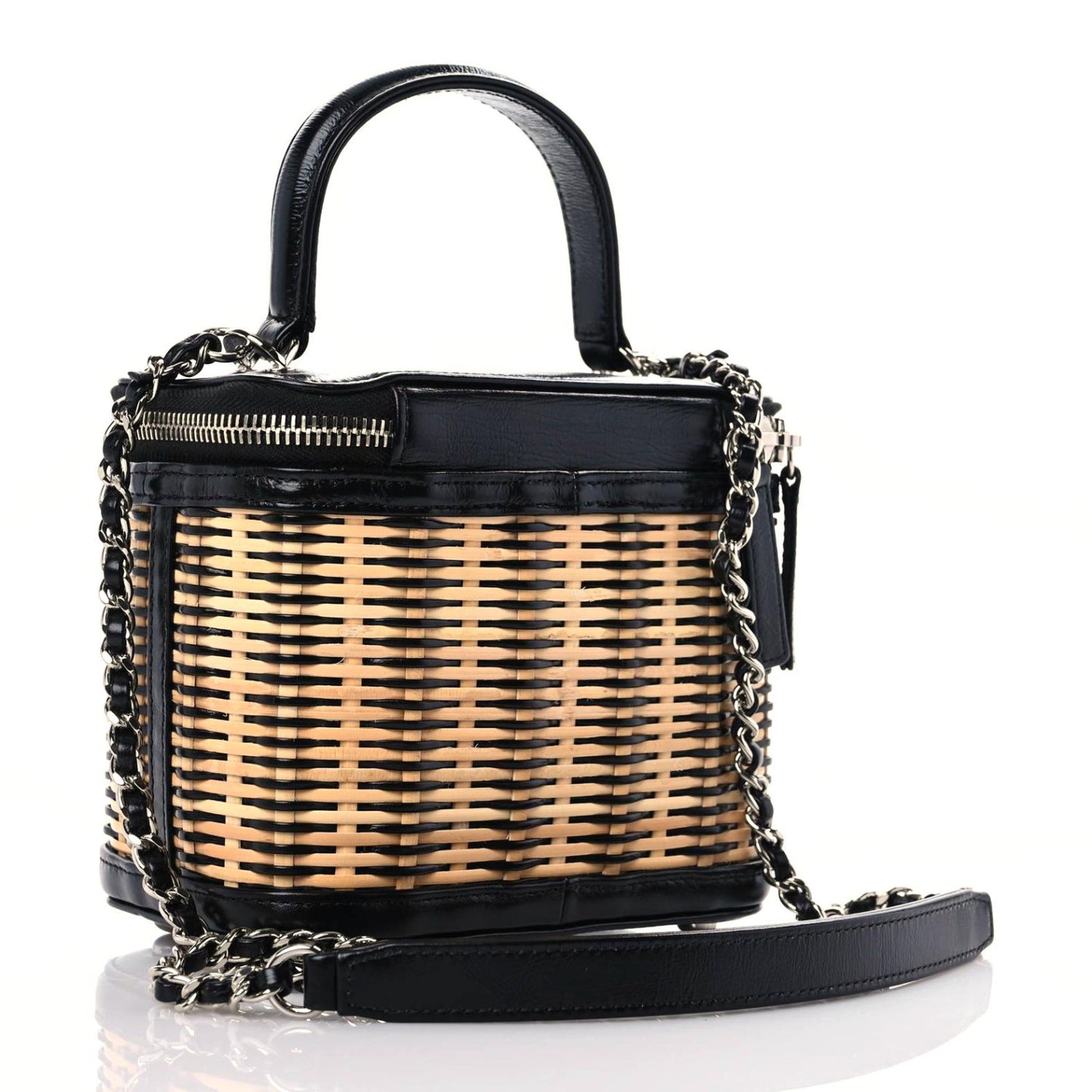 Calfskin Raffia Small Vanity Case Bag Black Beige