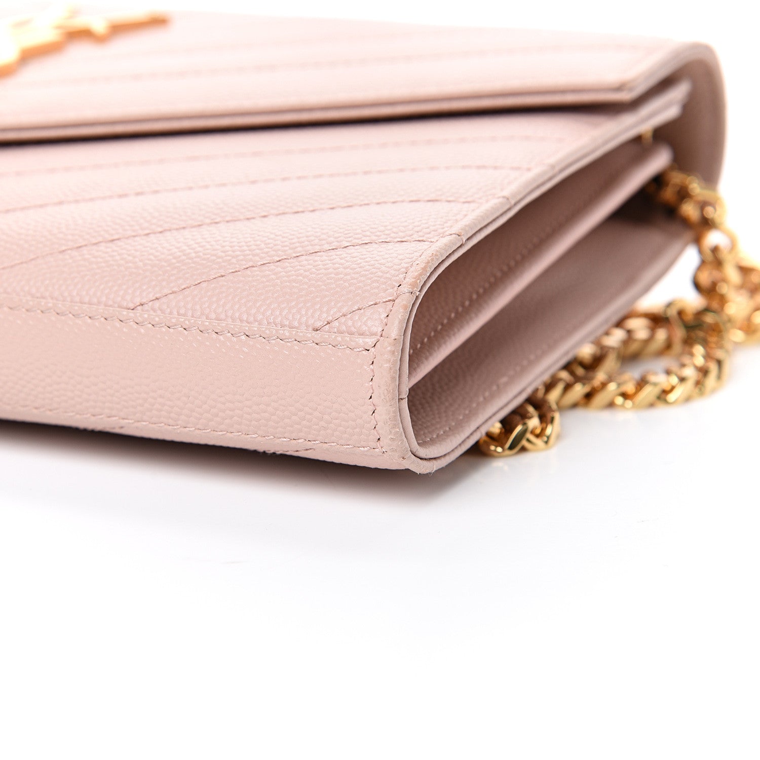 Saint Laurent Grain De Poudre Matelasse Chevron Monogram Chain Wallet Pale Blush 9 of 13