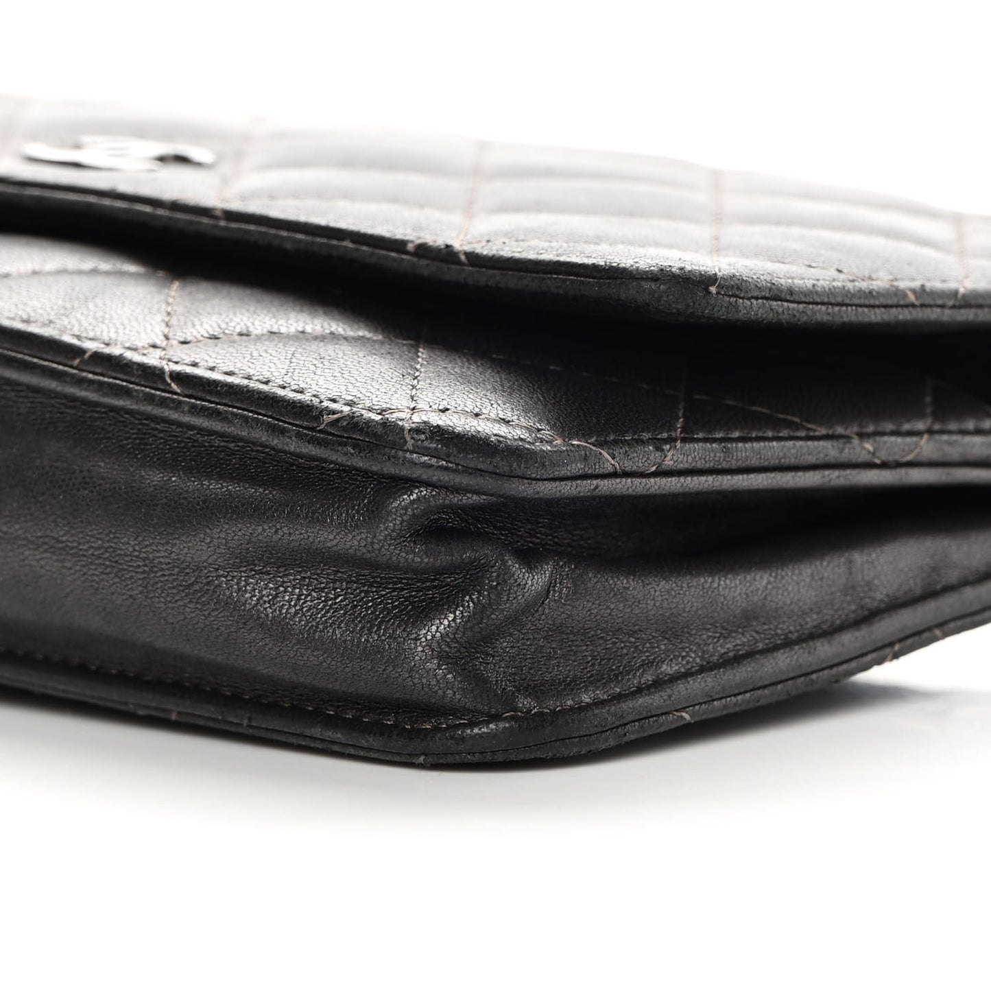 Metallic Lambskin Quilted Wallet On Chain WOC Dark Grey
