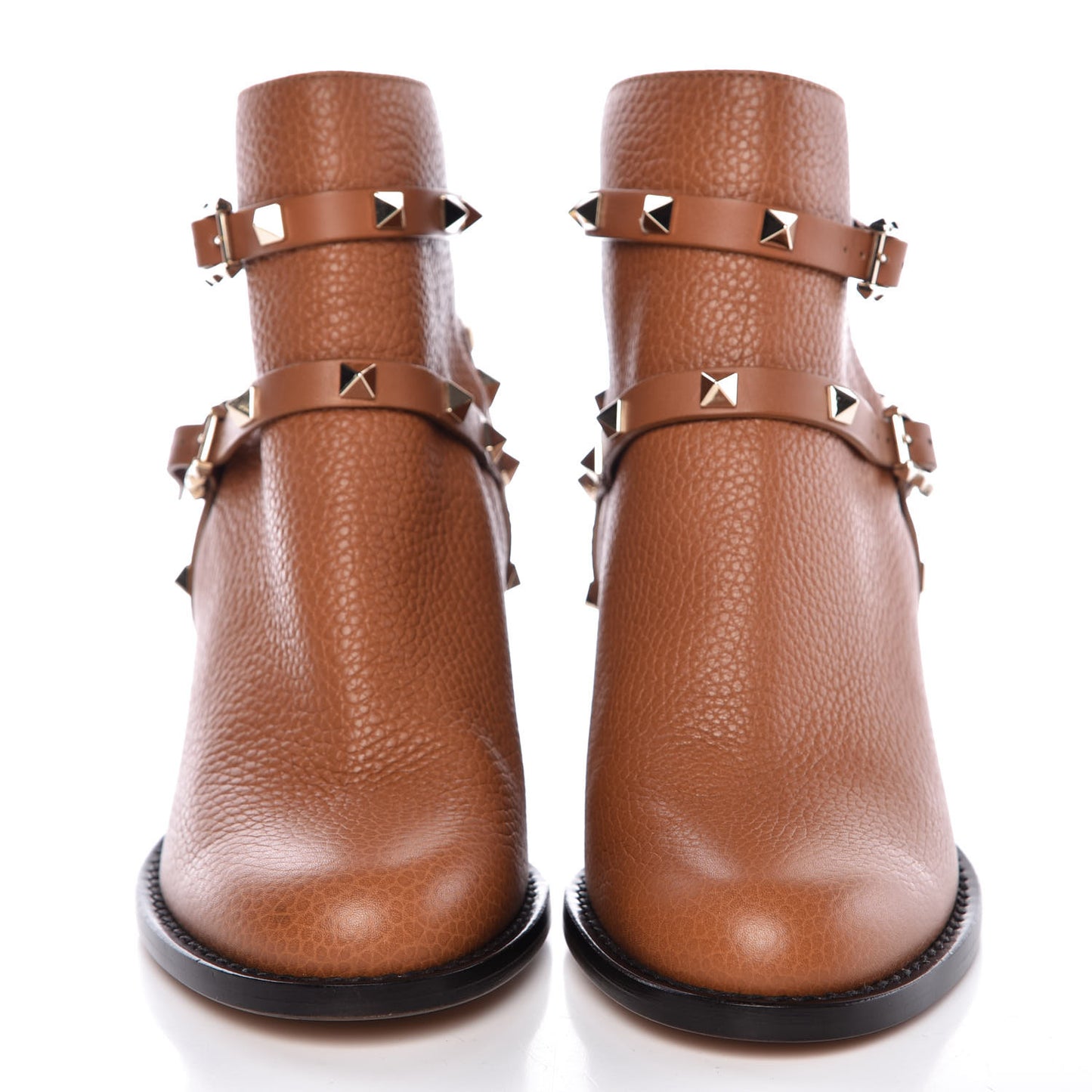 Pebbled Calfskin Rockstud Double Buckle 70mm Block Heel Ankle Boots 36.5 Light Cuir