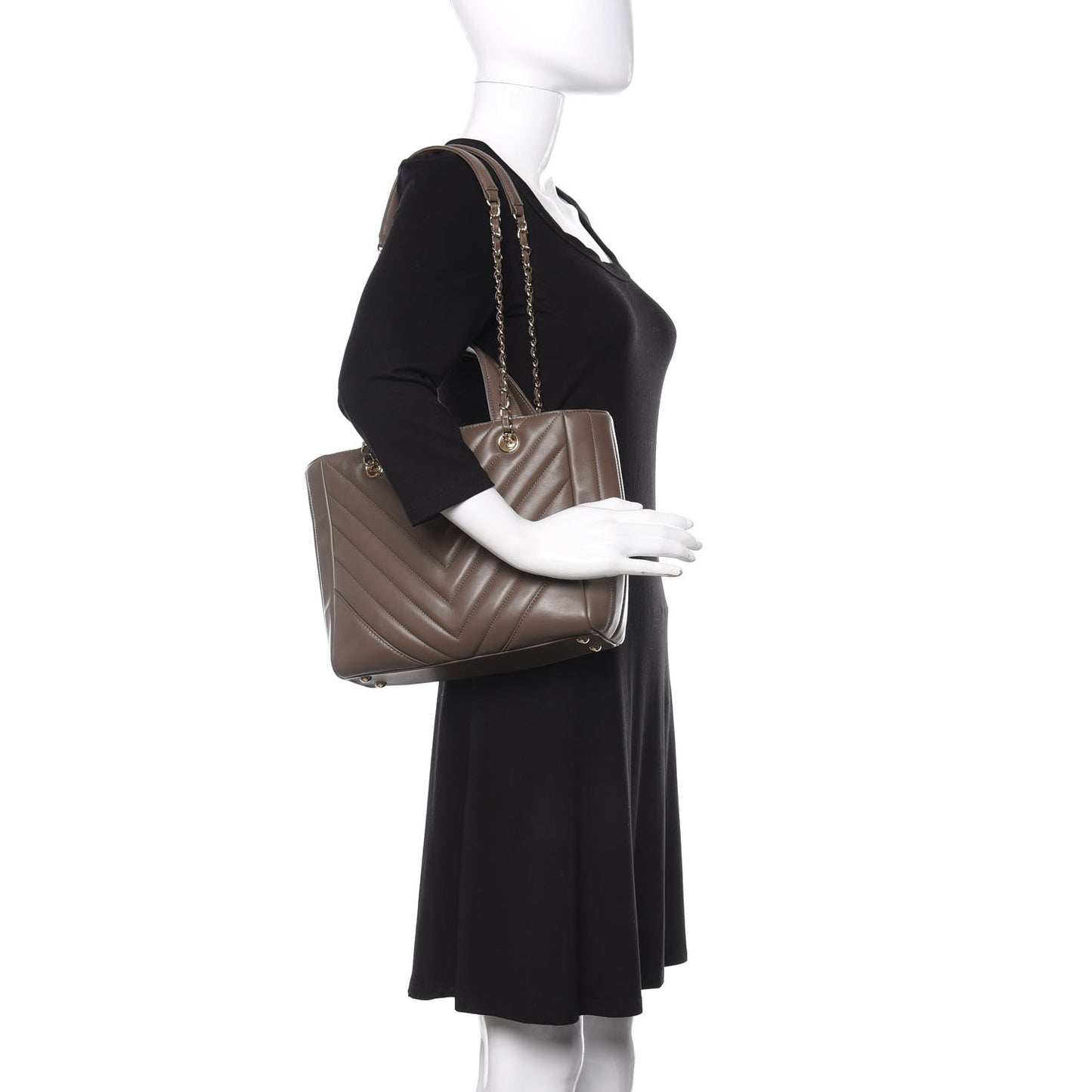 Calfskin Chevron Quilted Small Statement Shopping Tote Khaki