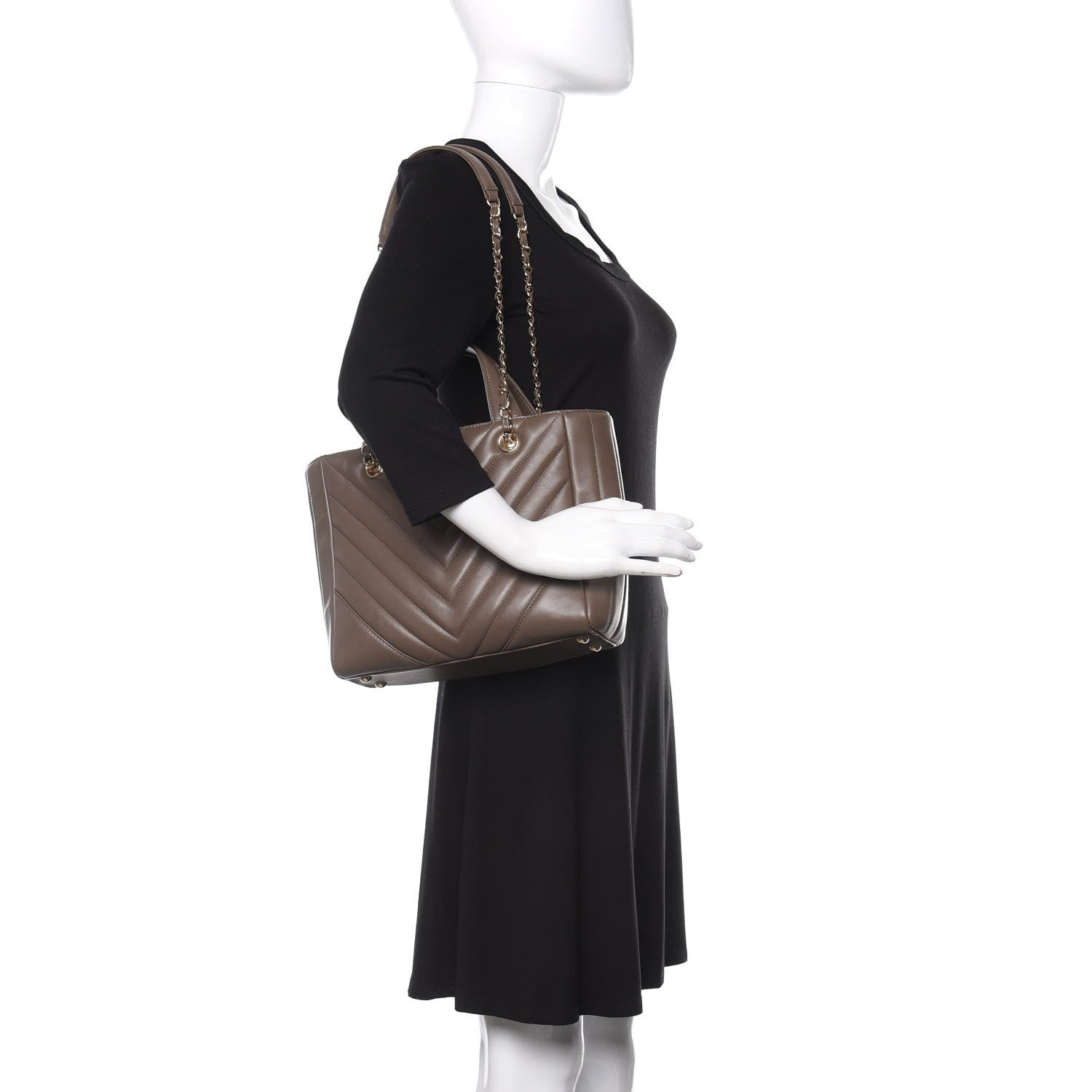 Chanel Calfskin Chevron Quilted Small Statement Shopping Tote Khaki 2 of 11
