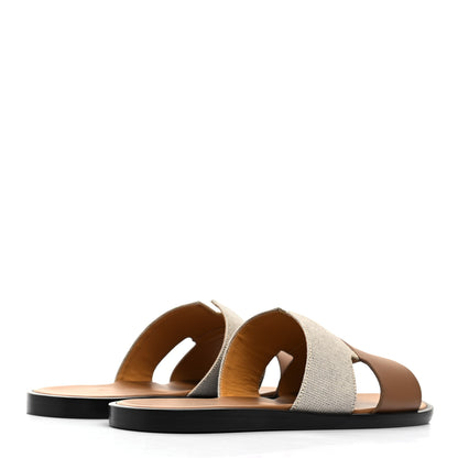 Hermes Canvas Calfskin Mens Izmir Sandals 40 Naturel Safari Prunoir 4 of 8