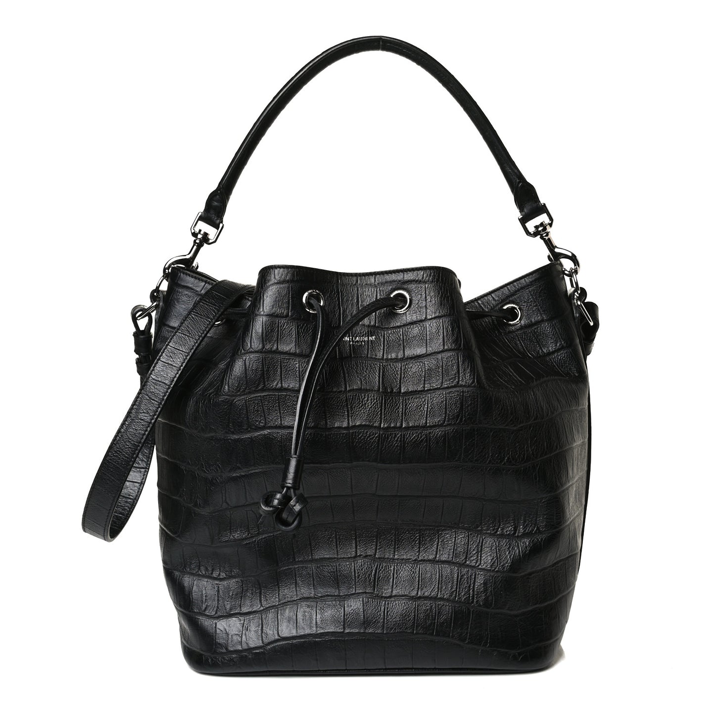 Calfskin Crocodile Embossed Large Emmanuelle Bucket Bag Black