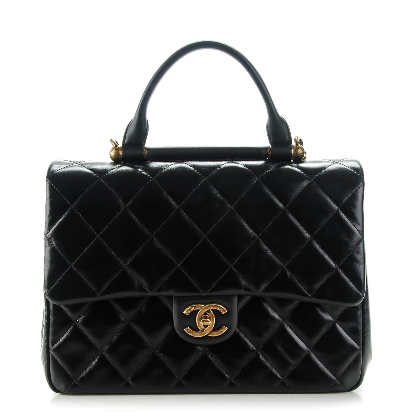Calfskin Quilted Large Gold Bar Top Handle Flap Black
