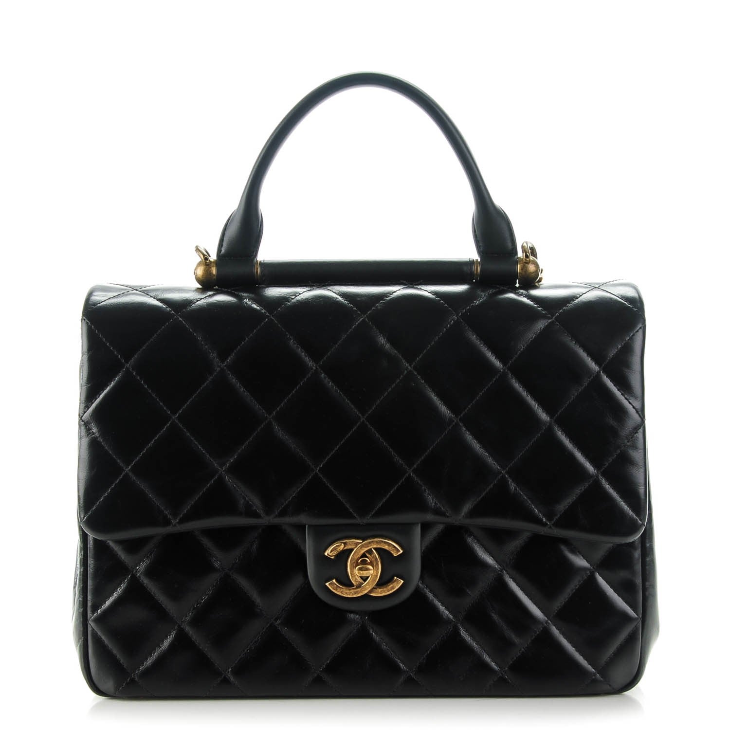 Chanel Calfskin Quilted Large Gold Bar Top Handle Flap Black 1 of 8