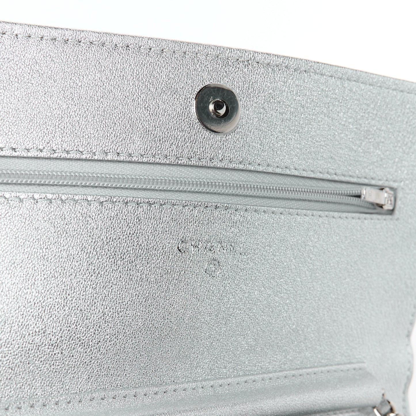 Metallic Lambskin Quilted Wallet On Chain WOC Silver