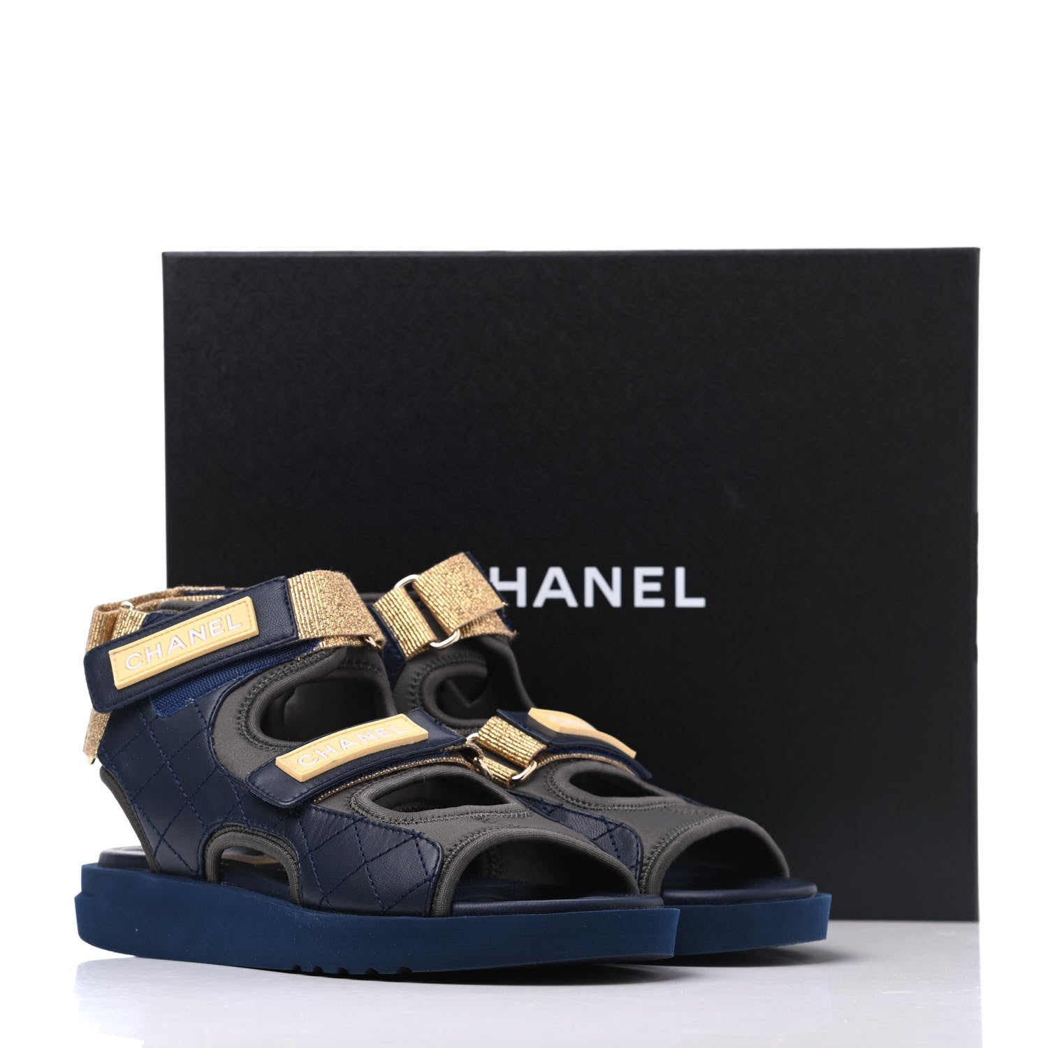 Chanel Goatskin Fabric Gladiator Sandals 36 Navy Blue Light Grey Yellow 16 of 16