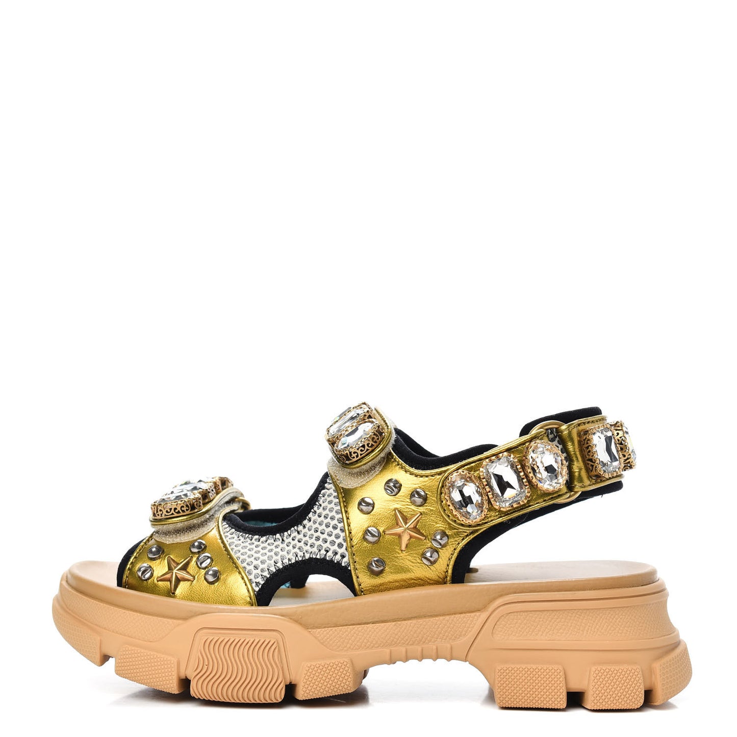 Silk Calfskin Mesh Crystal Embellished Studded Womens Aguru Sandals 35.5 Gold