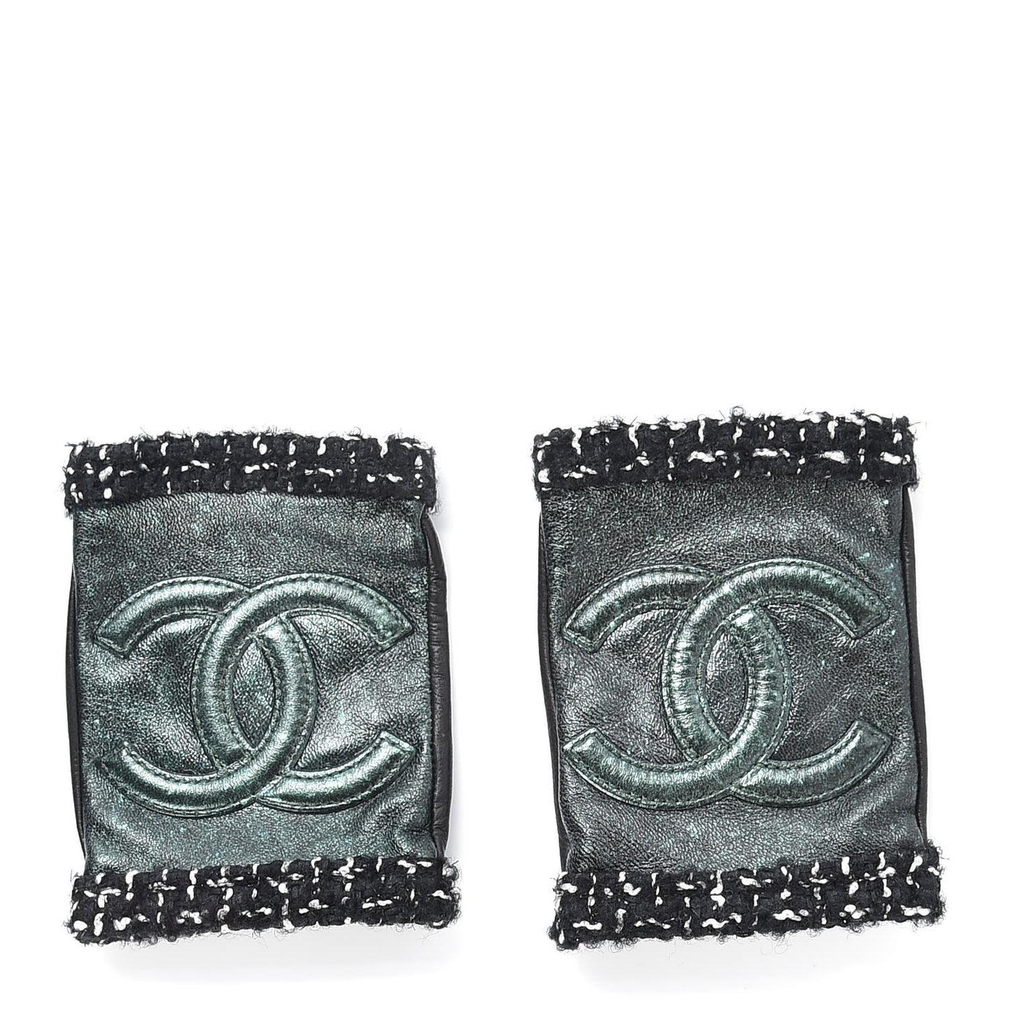 Metallic Lambskin Tweed CC Fingerless Gloves 6.5 Black Green