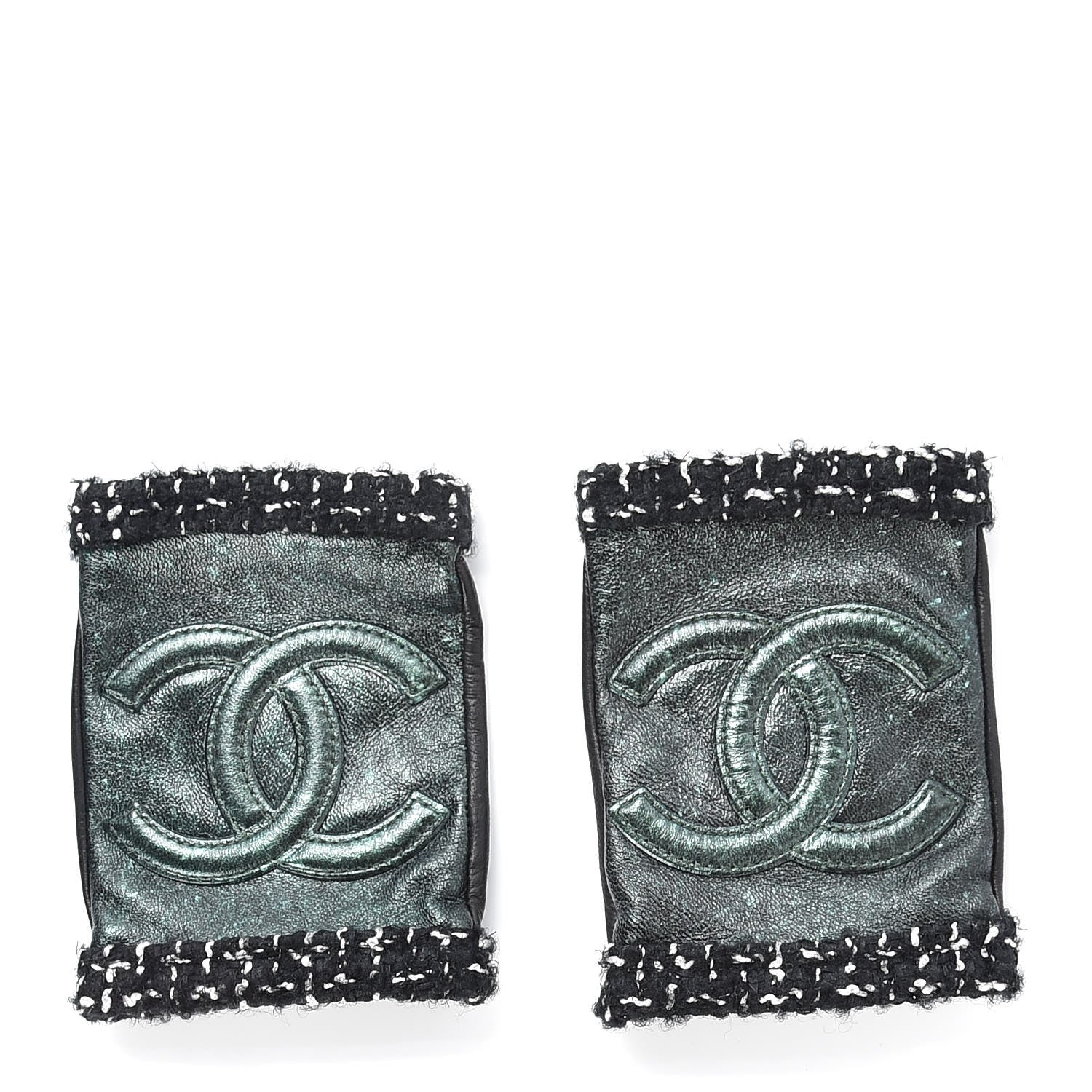 Chanel Metallic Lambskin Tweed CC Fingerless Gloves 6.5 Black Green 1 of 5