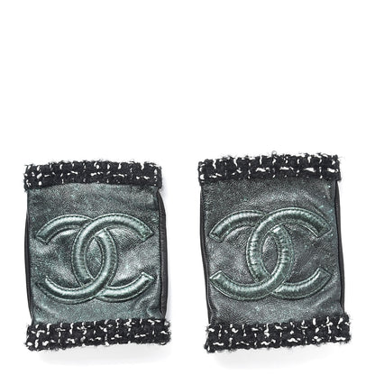 Chanel Metallic Lambskin Tweed CC Fingerless Gloves 6.5 Black Green 1 of 5