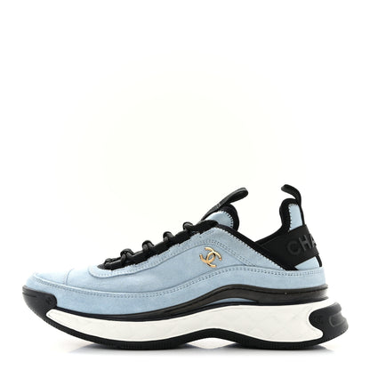 Chanel Suede Calfskin Nylon Grosgrain CC Sneakers 38.5 Light Blue 1 of 10