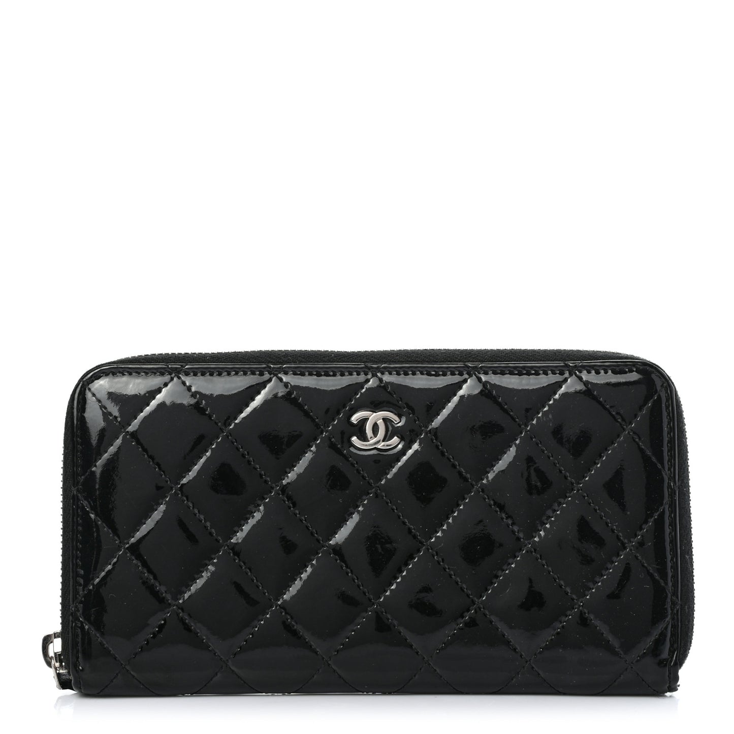 Patent Quilted Zip Around Wallet Black