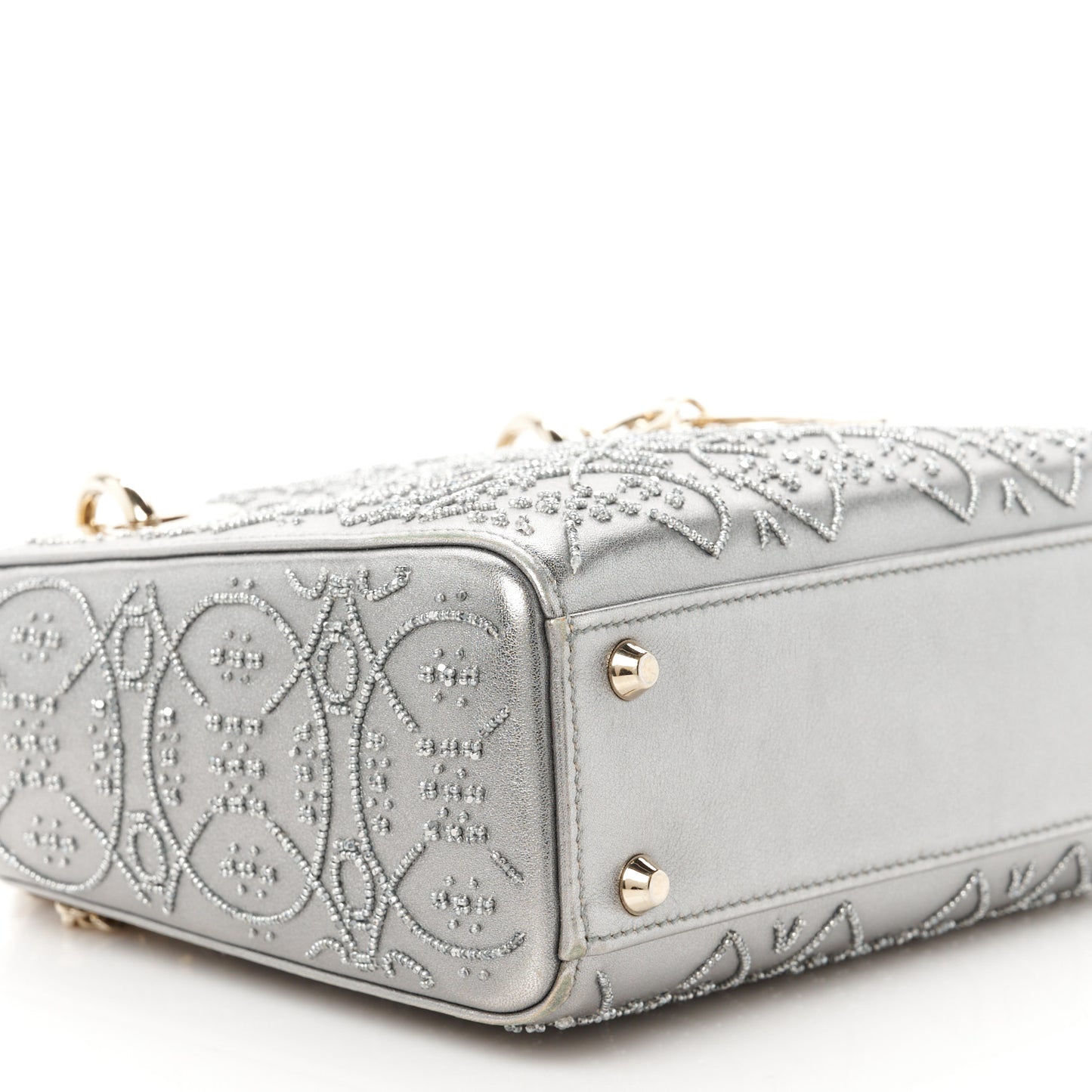 Metallic Lambskin Beaded Embroidered Mini Lady Dior Silver
