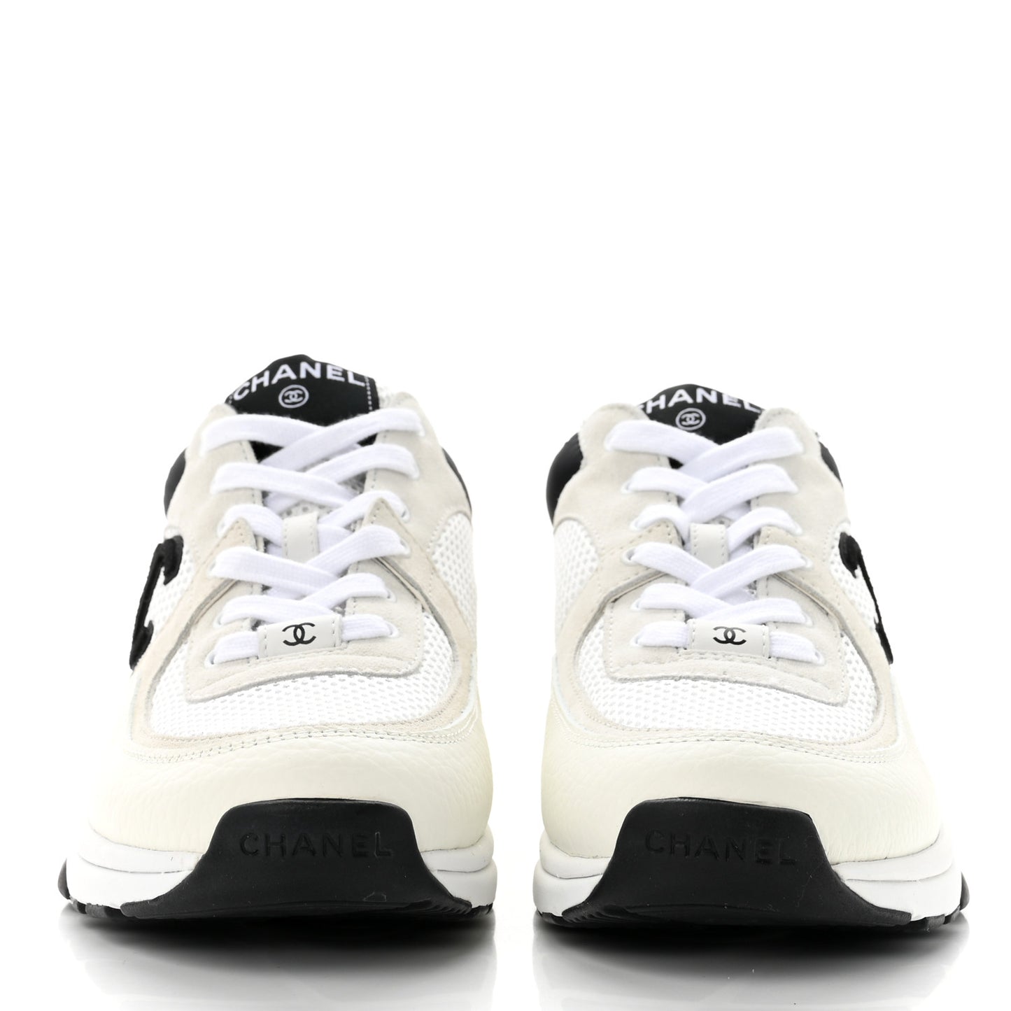 Mesh Suede Calfskin Grained Calfskin Womens CC Sneakers 38.5 White Black