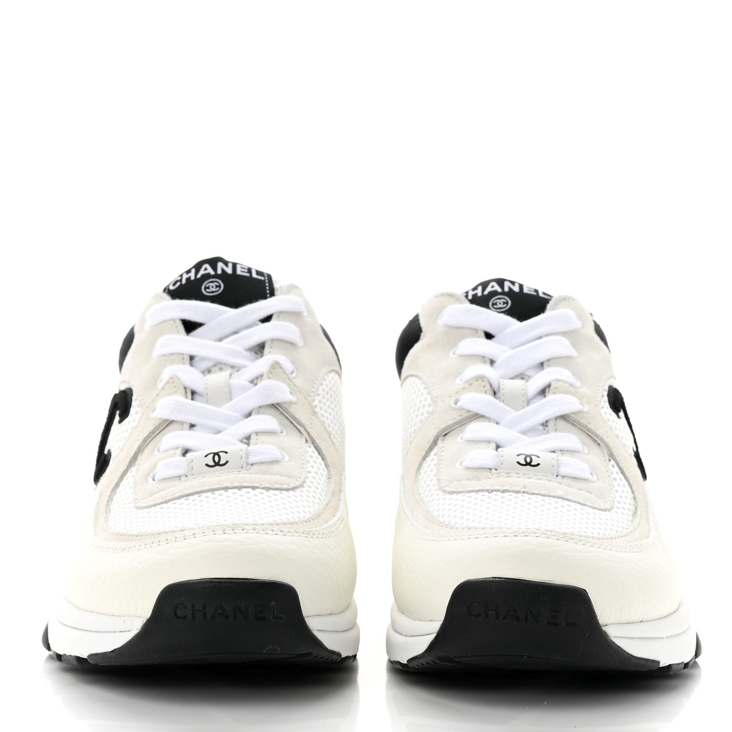 Chanel Mesh Suede Calfskin Grained Calfskin Womens CC Sneakers 38.5 White Black 2 of 7