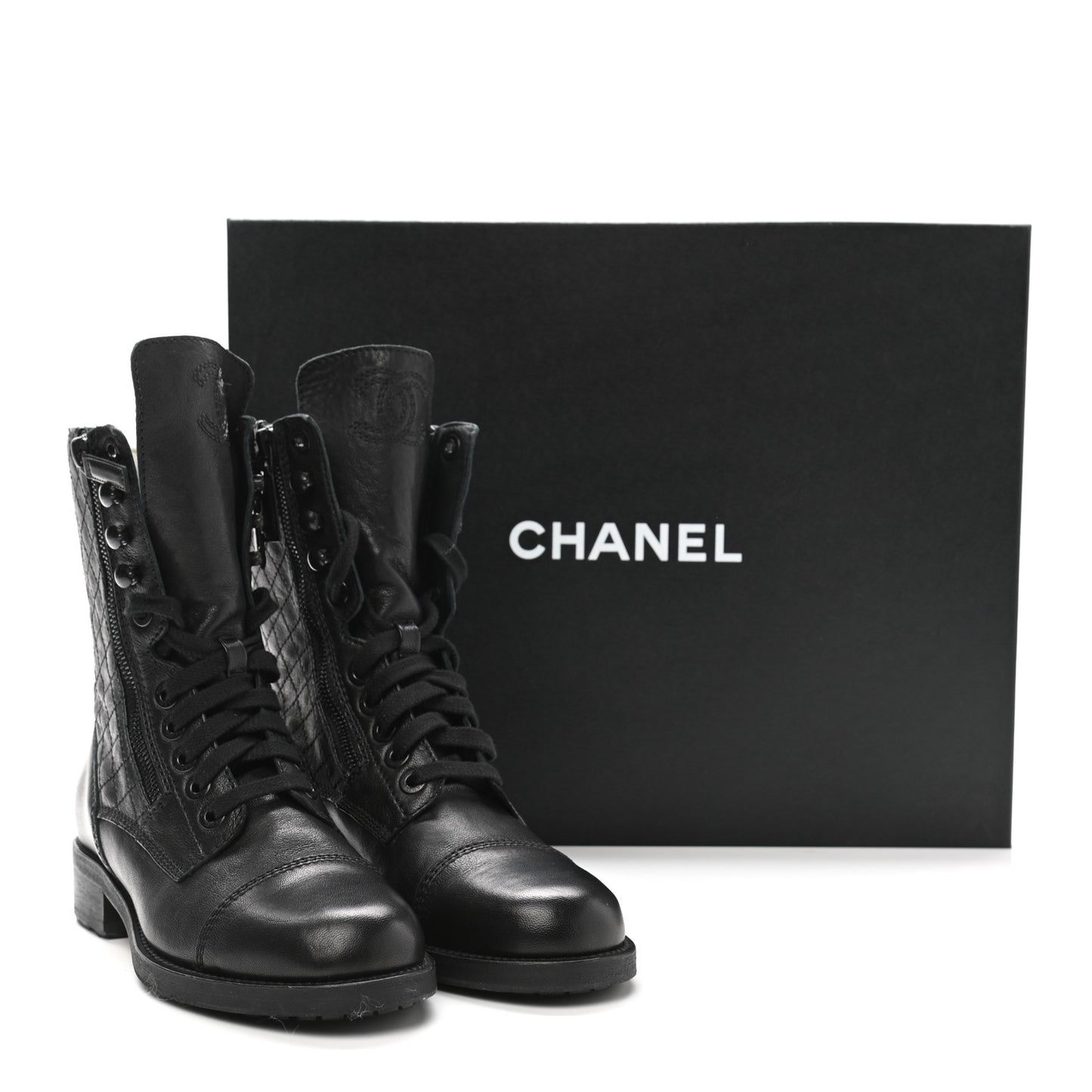 Calfskin Quilted Lace Up Combat Boots 37 Black