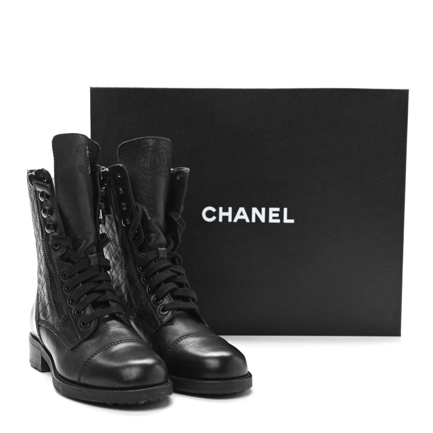 Chanel Calfskin Quilted Lace Up Combat Boots 37 Black 9 of 9