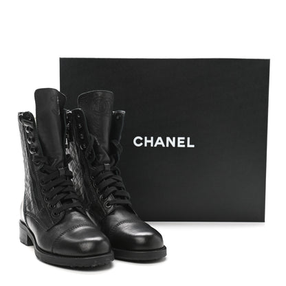 Chanel Calfskin Quilted Lace Up Combat Boots 37 Black 9 of 9