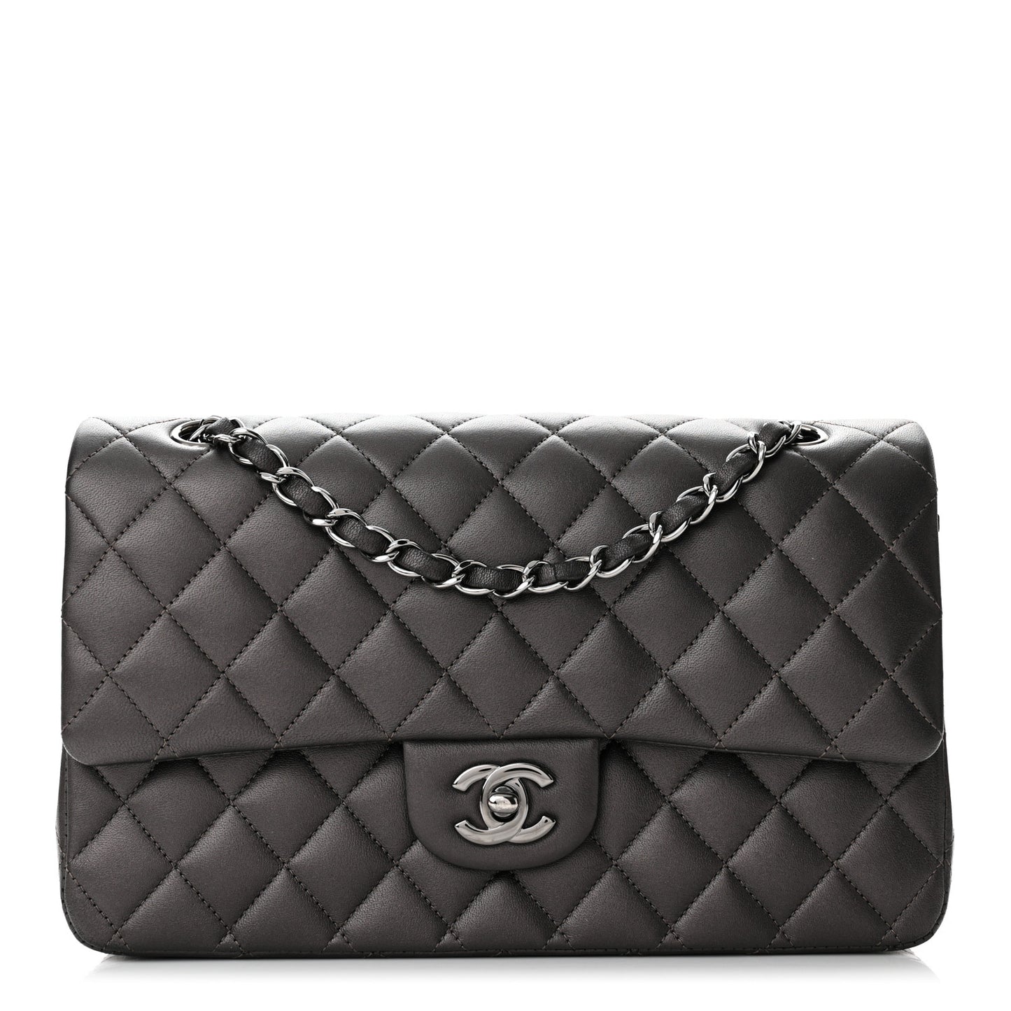 Metallic Lambskin Quilted Medium Double Flap Pewter
