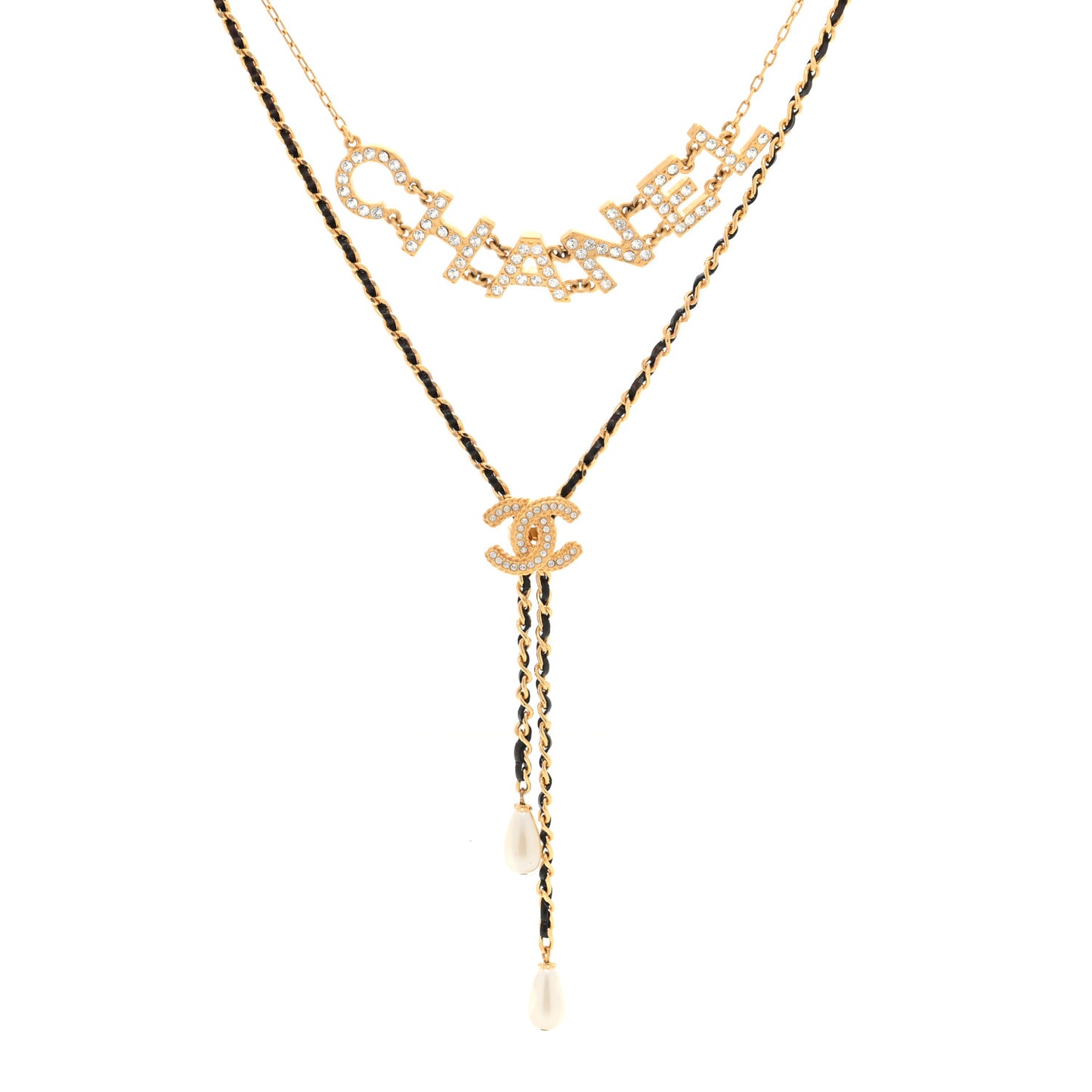 Lambskin Crystal Pearl Logo CC Double Strand Necklace Gold White Black