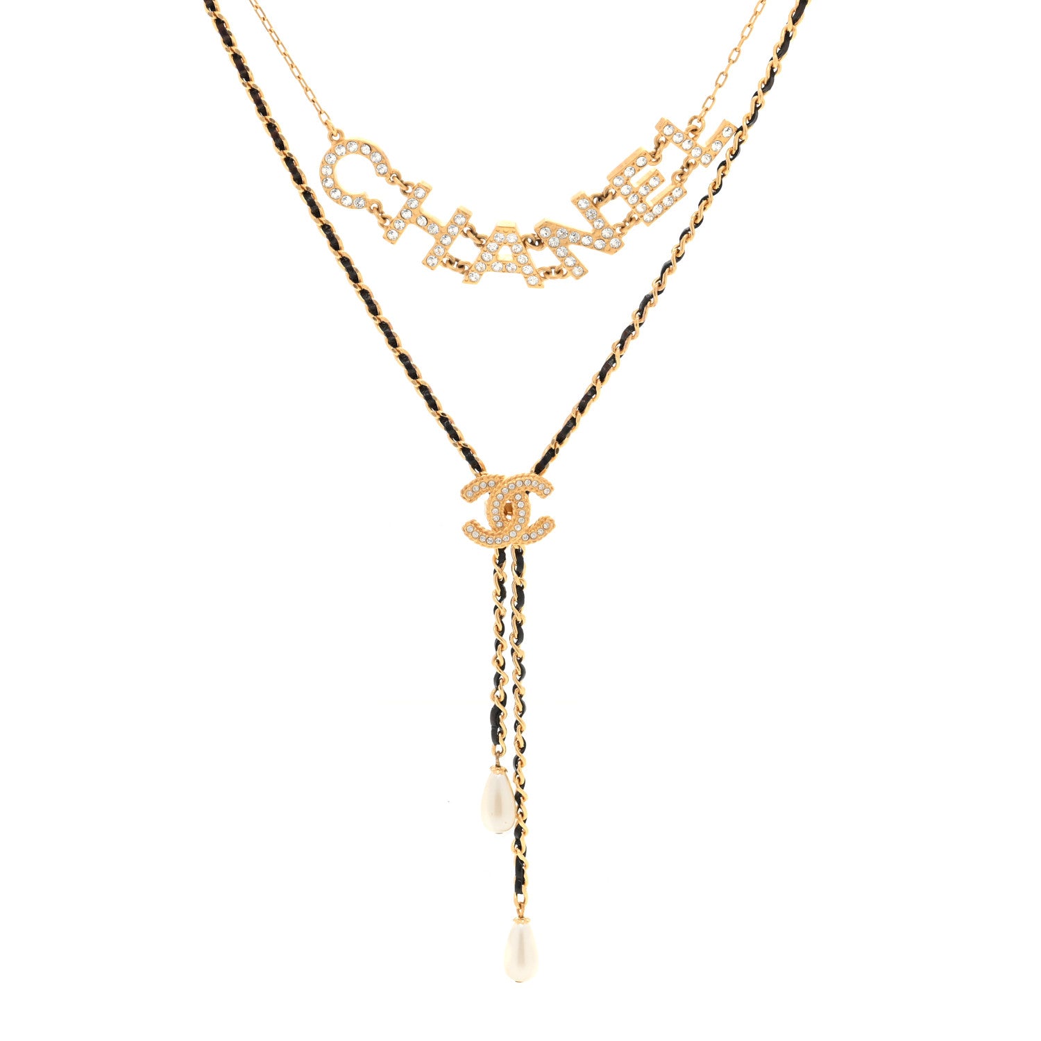 Chanel Lambskin Crystal Pearl Logo CC Double Strand Necklace Gold White Black 1 of 5