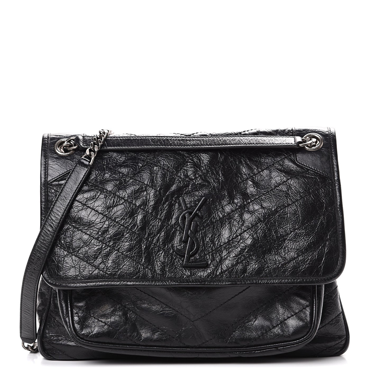 Crinkled Calfskin Matelasse Monogram Large Niki Chain Satchel Black