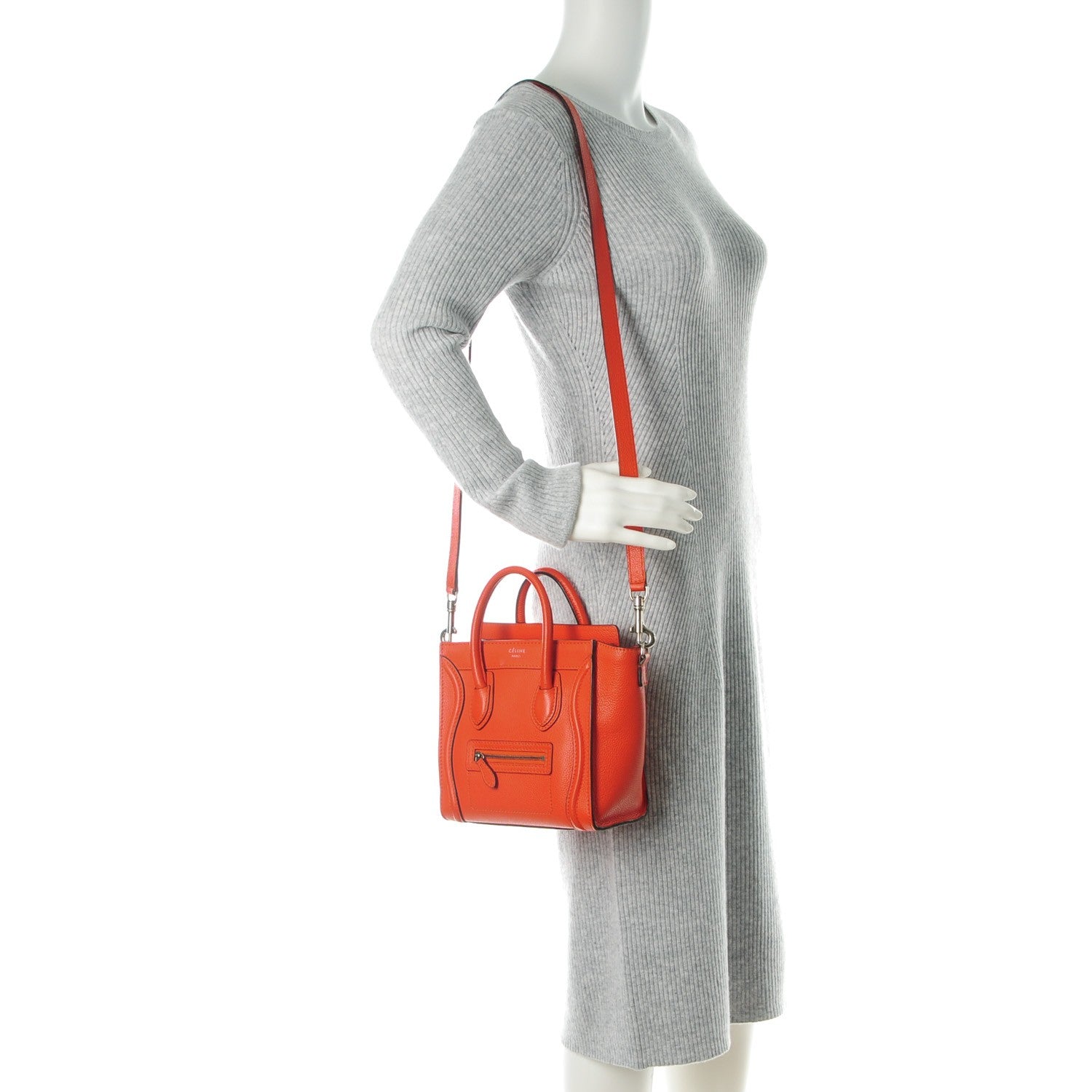 Celine Drummed Calfskin Nano Luggage Vermillion 2 of 8