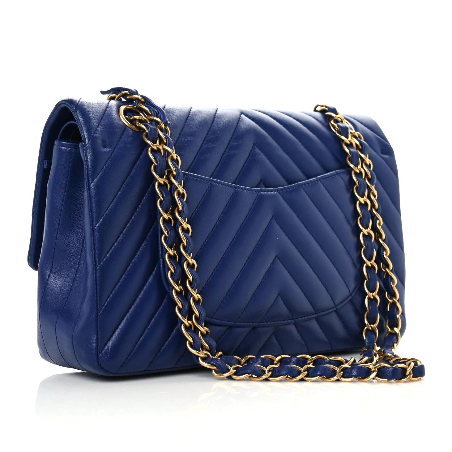 Chanel Lambskin Chevron Quilted Medium Double Flap Blue 3 of 10