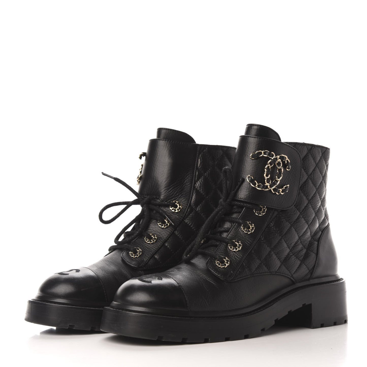 Shiny Goatskin Calfskin Quilted Lace Up Combat Boots 39 Black