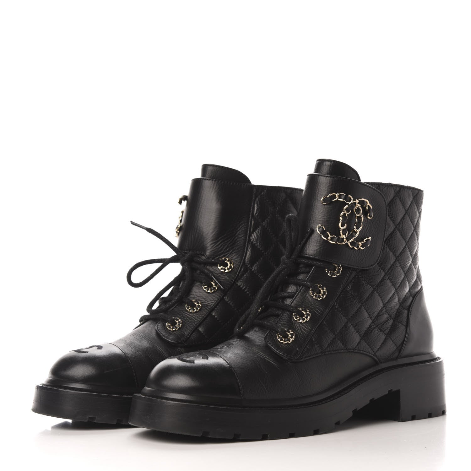 Chanel Shiny Goatskin Calfskin Quilted Lace Up Combat Boots 39 Black 3 of 9
