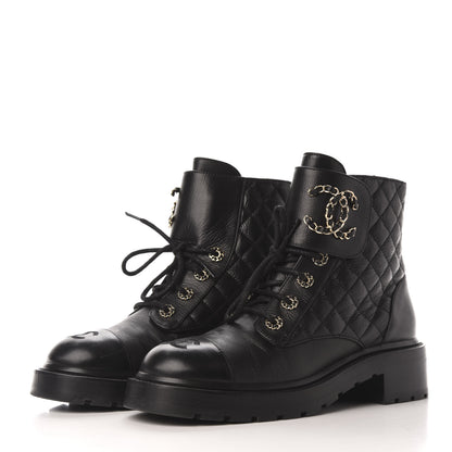 Chanel Shiny Goatskin Calfskin Quilted Lace Up Combat Boots 39 Black 3 of 9