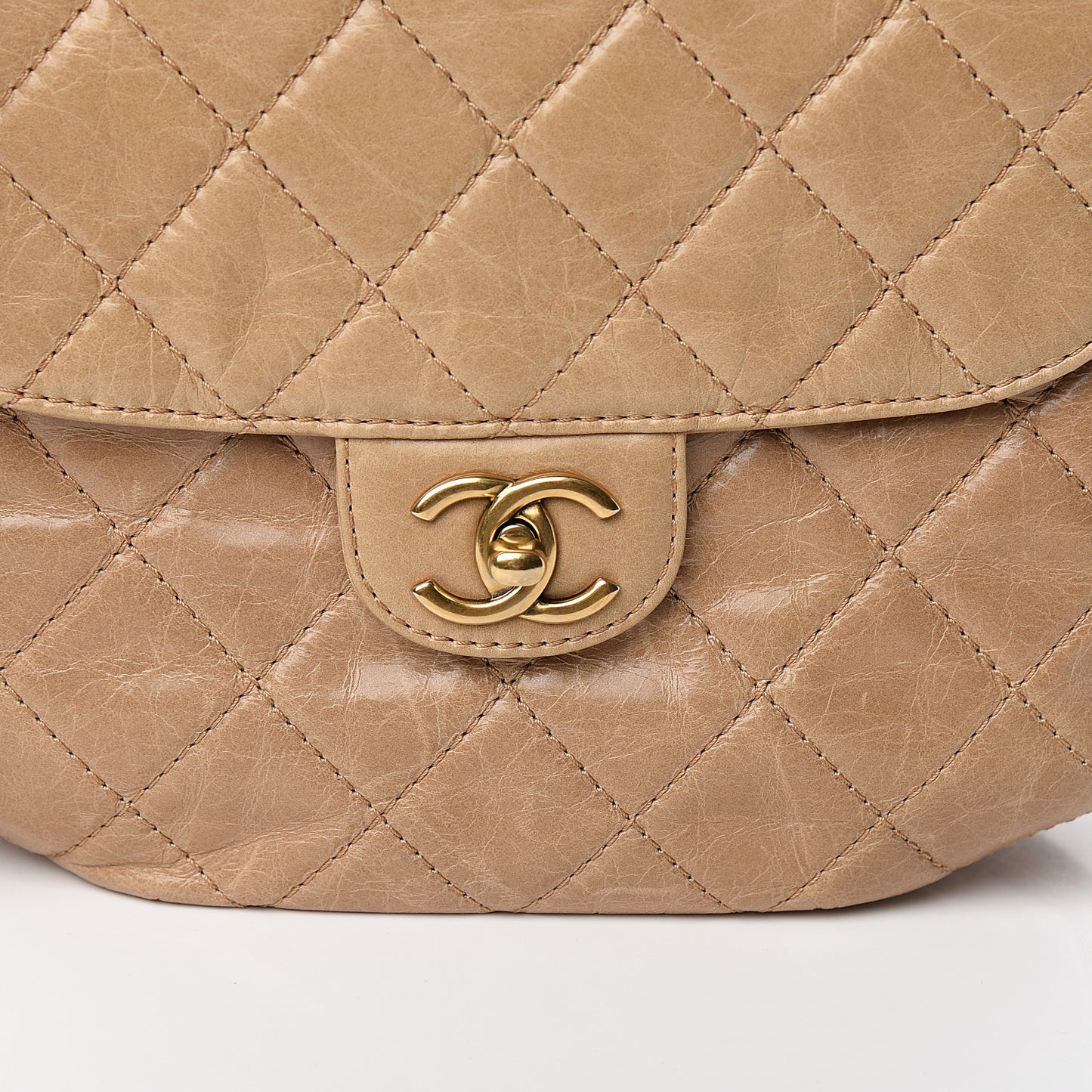 Glazed Calfskin Quilted Medium Bubble CC Flap Beige