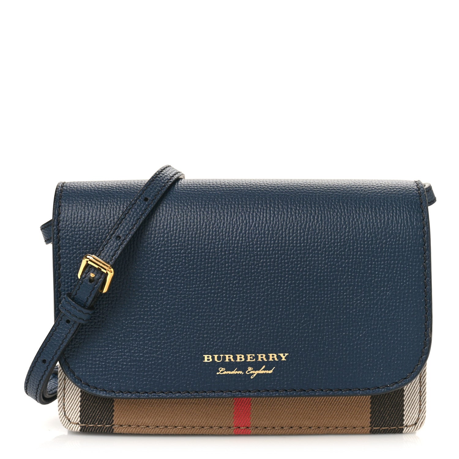 Burberry Grained Calfskin House Check Tartan Mix Hampshire Wallet On Chain Navy 1 of 8