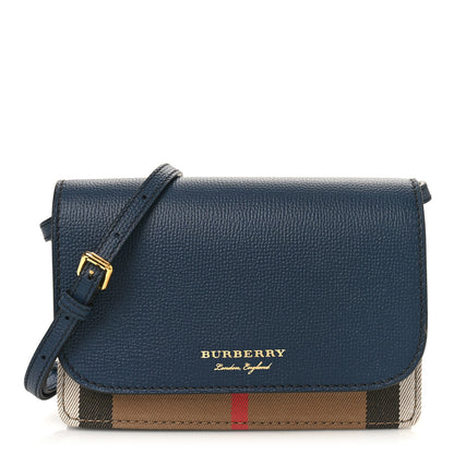Burberry Grained Calfskin House Check Tartan Mix Hampshire Wallet On Chain Navy 1 of 8