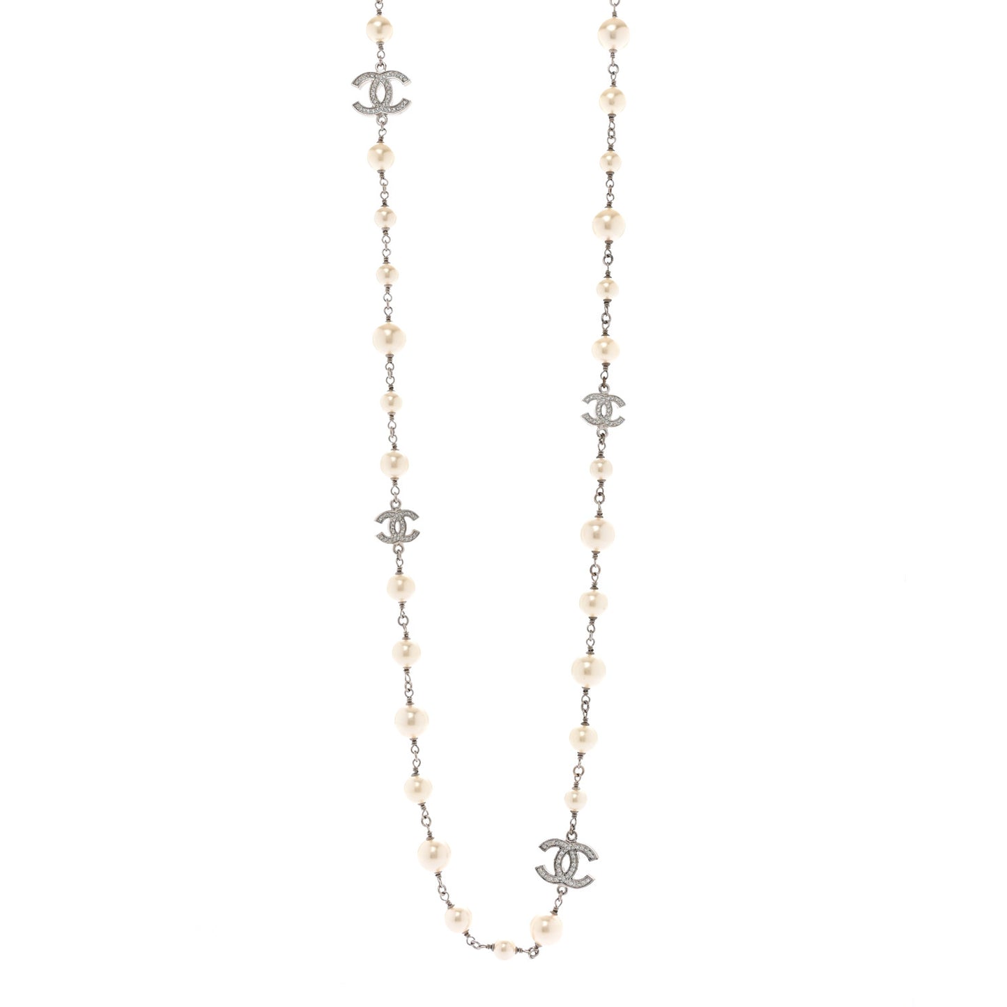 Crystal Pearl CC Long Necklace Silver Pearly White