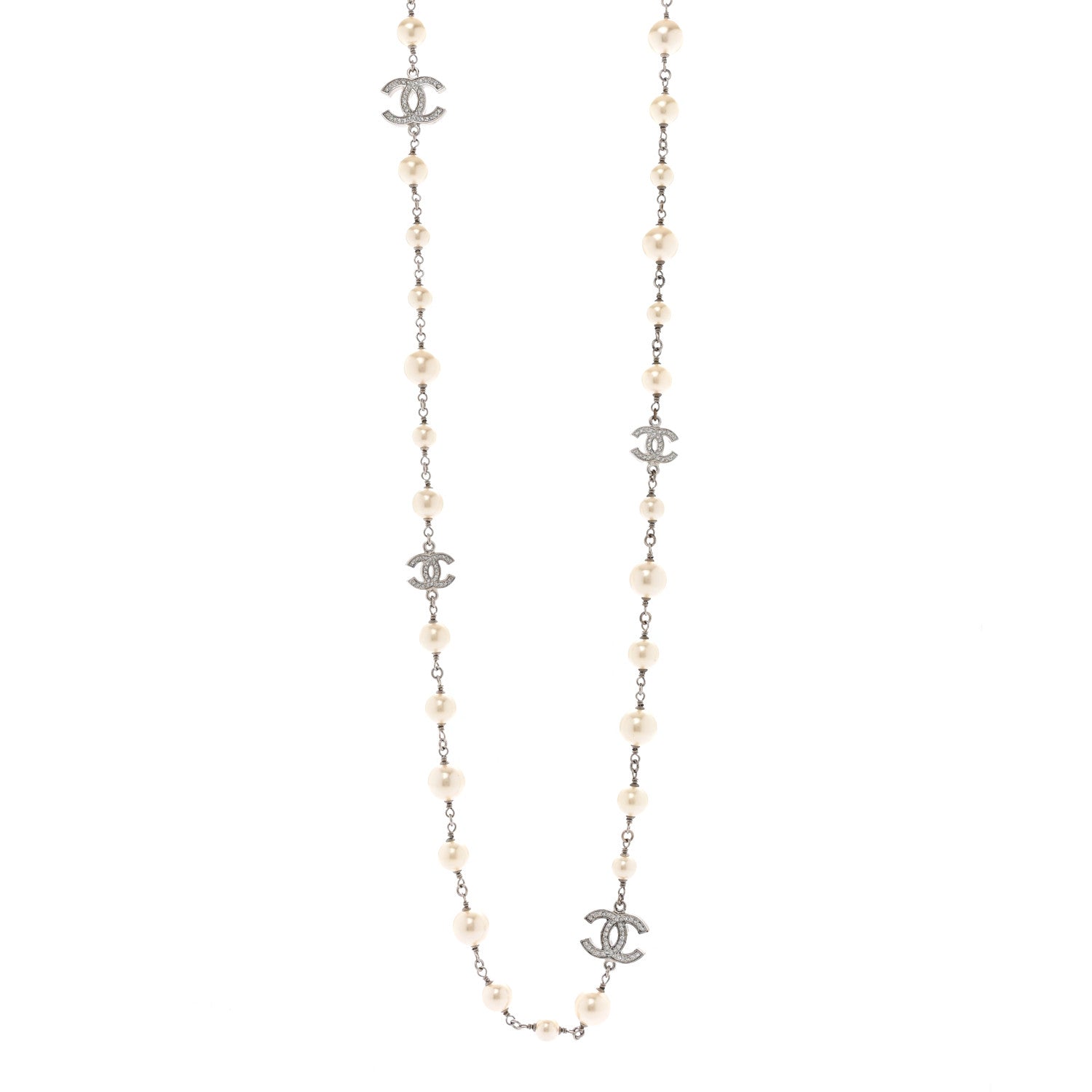 Chanel Crystal Pearl CC Long Necklace Silver Pearly White 1 of 8