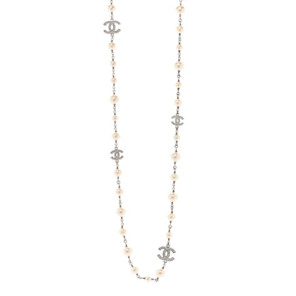 Chanel Crystal Pearl CC Long Necklace Silver Pearly White 1 of 8