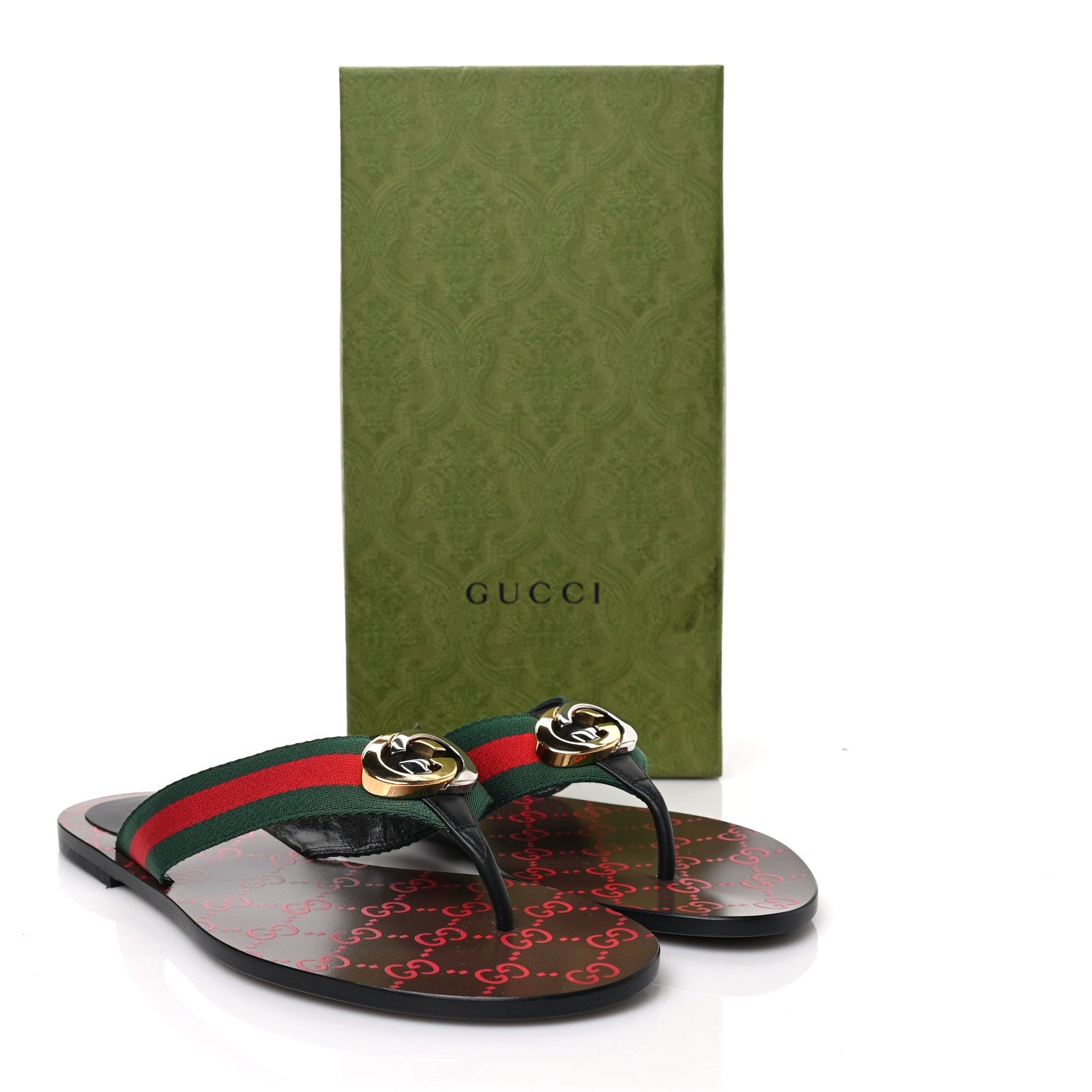Gucci Nylon Calfskin Web GG Monogram Womens Thong Sandals 41 Green Red Cocoa 8 of 8