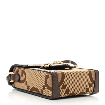 Gucci Monogram Jumbo GG Textured Dollar Calfskin Mini Horsebit 1955 Crossbody Bag Camel Ebony New Acero 4 of 9