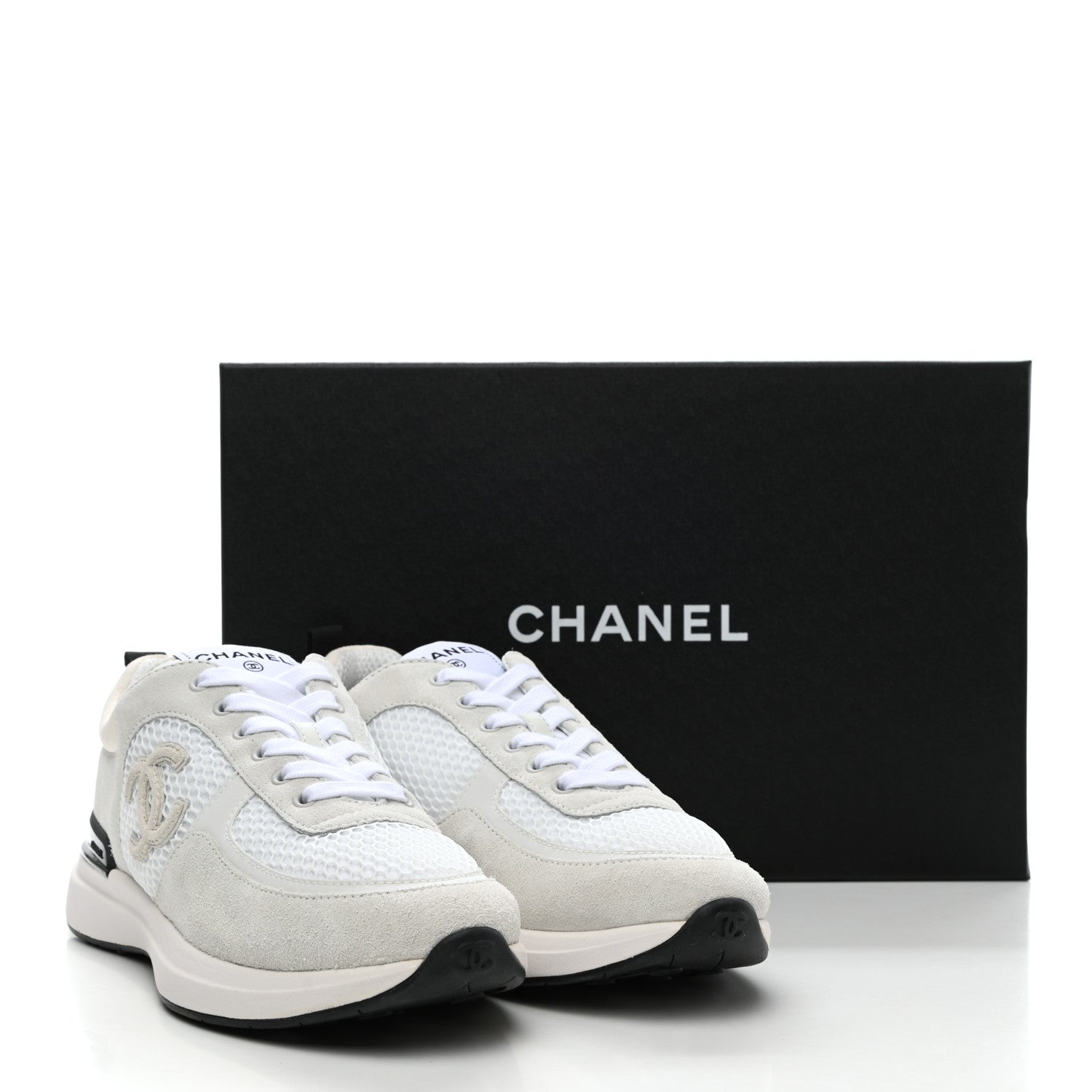 Chanel Calfskin Mesh Lycra Suede Womens Logo Sneakers 38 White Ivory Black 7 of 7