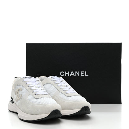 Chanel Calfskin Mesh Lycra Suede Womens Logo Sneakers 38 White Ivory Black 7 of 7