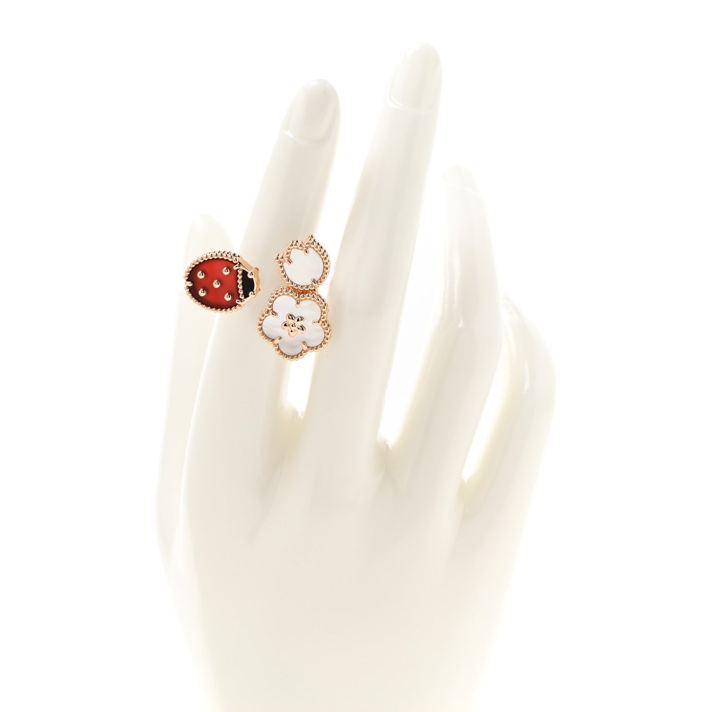 18K Rose Gold Mother of Pearl Carnelian Black Onyx Lucky Spring Between the Finger Ring 49 4.75