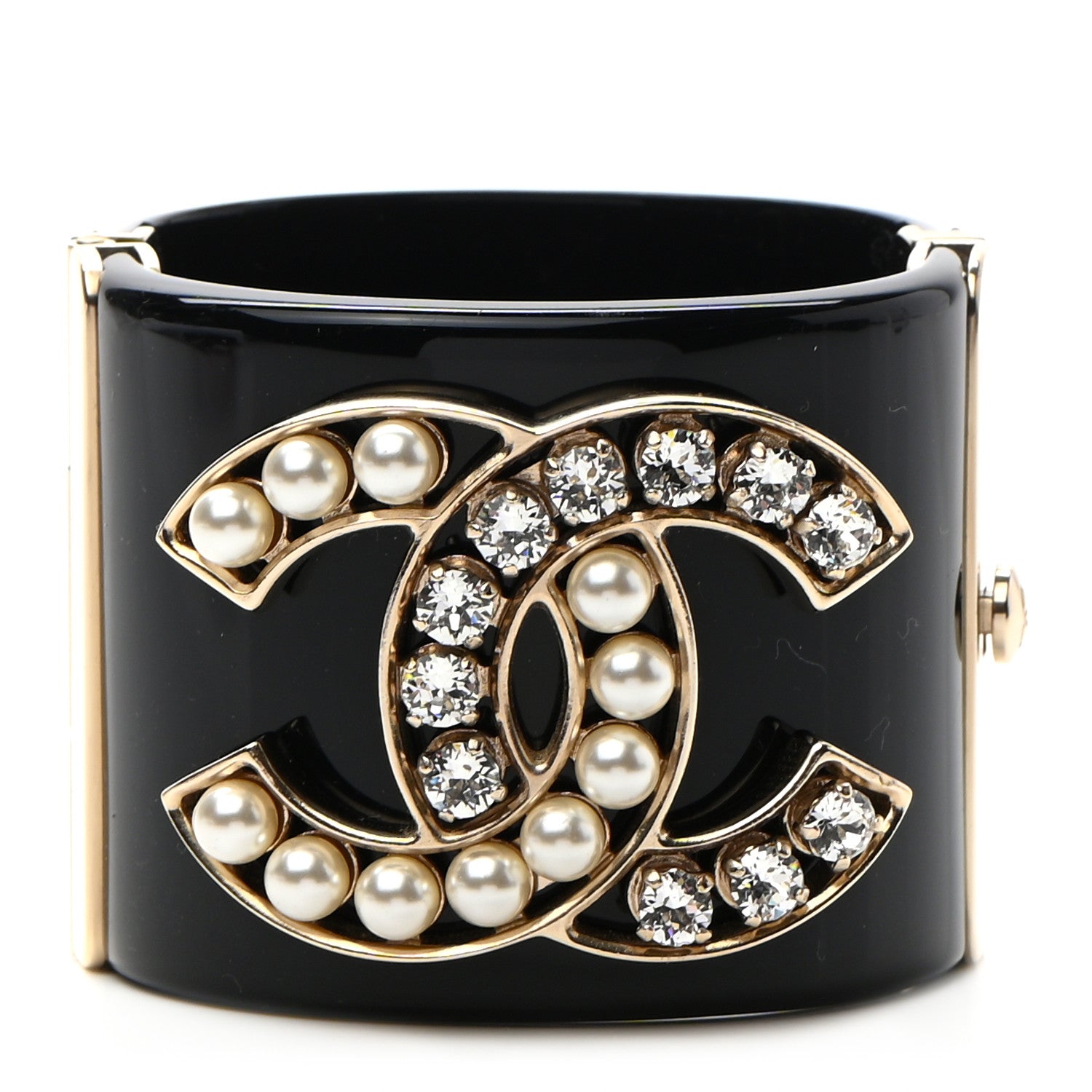Chanel Resin Crystal Pearl CC Cuff Black 1 of 4