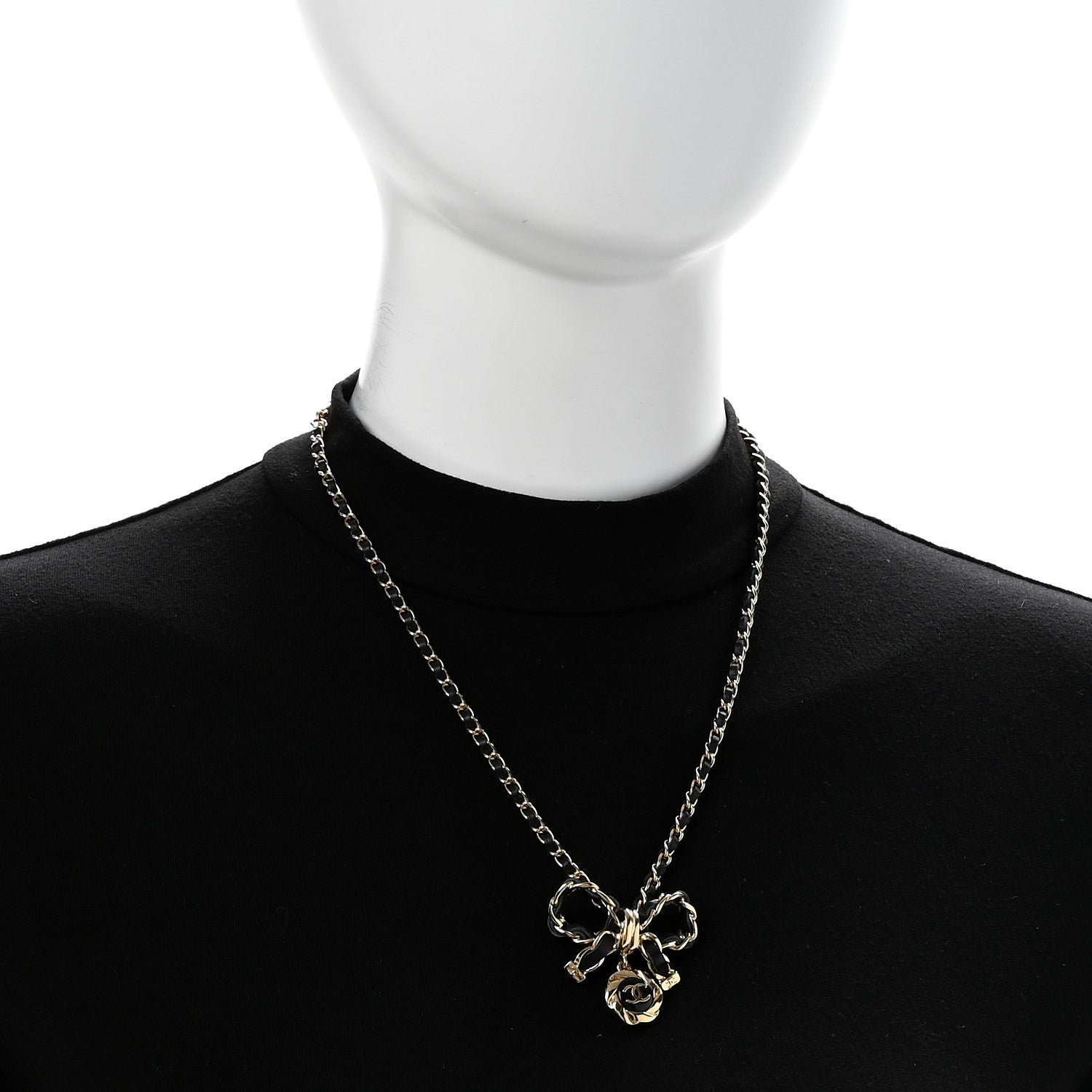 Chanel Metal Lambskin Chain CC Bow Necklace Black Gold 2 of 7