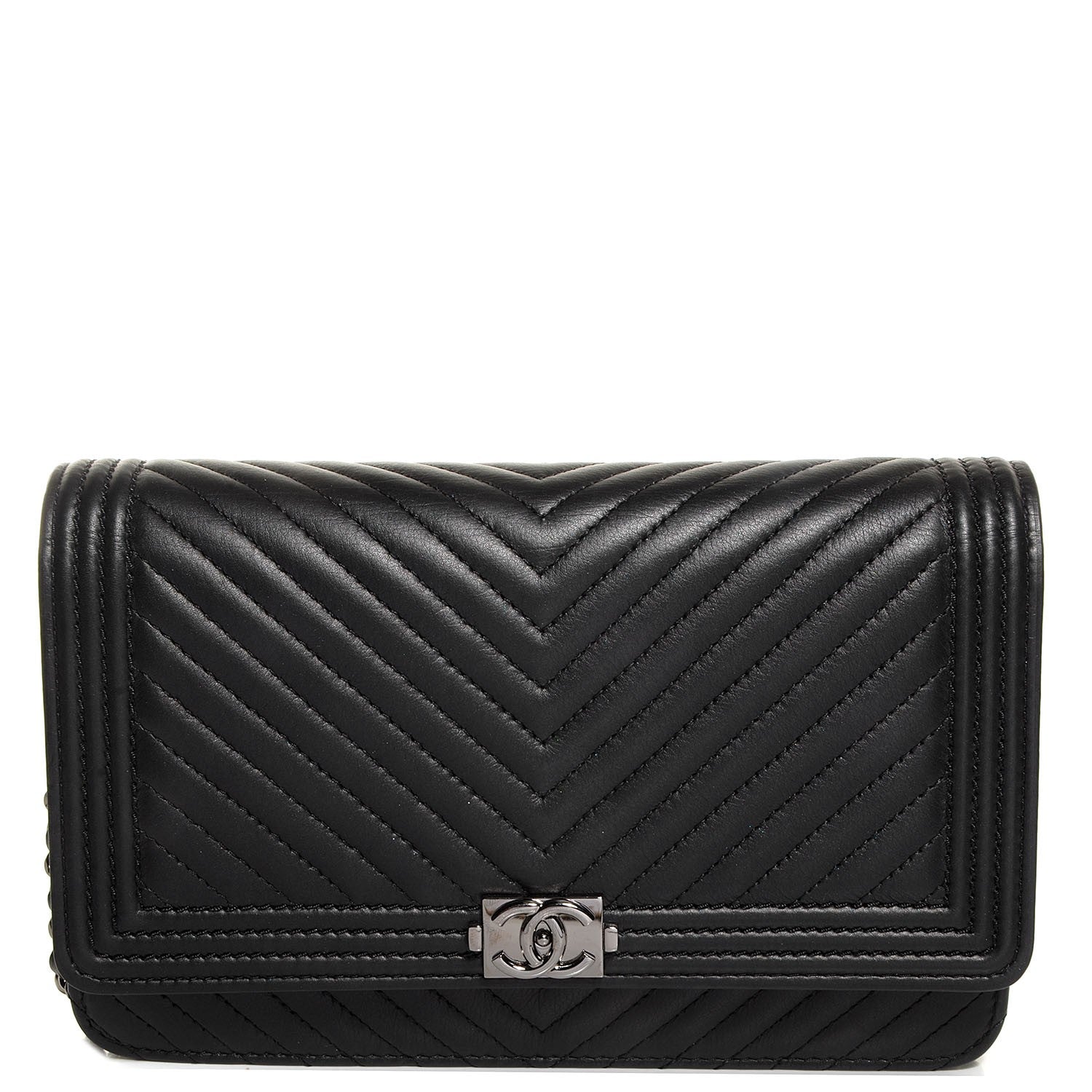 Chanel Metallic Calfskin Chevron Boy Wallet On Chain WOC Black 1 of 9