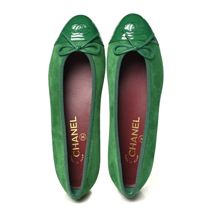 Chanel Suede Patent Cap Toe CC Ballerina Flats 37.5 Green 2 of 10