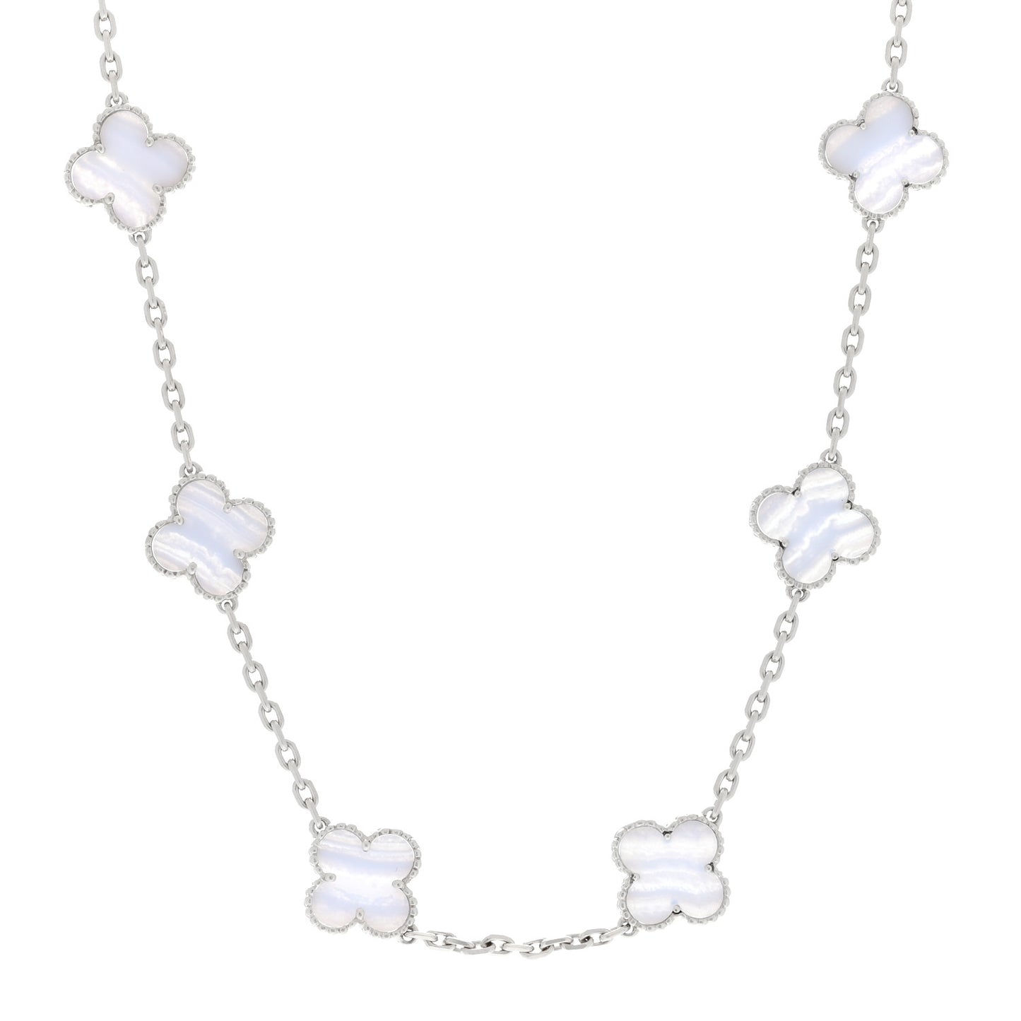 18K White Gold Chalcedony 10 Motifs Vintage Alhambra Necklace